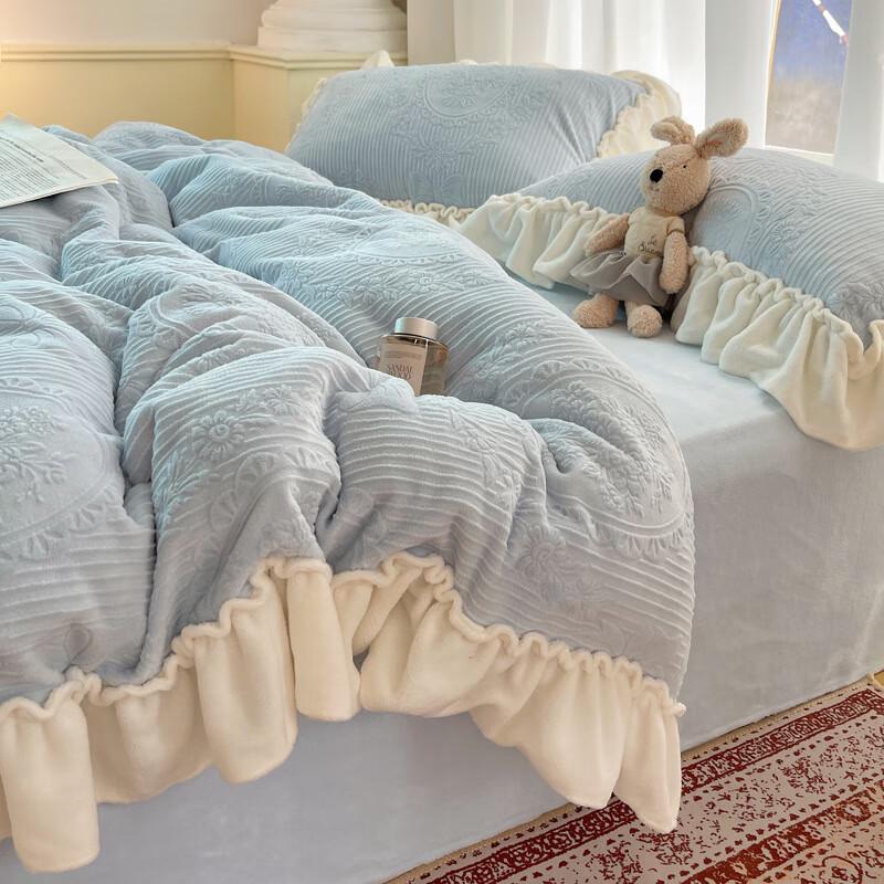 OEING Milk Velvet Ruffle Princess Bow Bedding Set