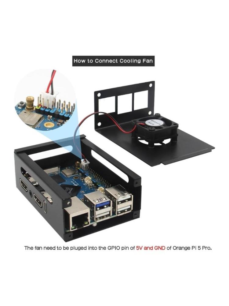 Protective Metal Case With Cooling Fan And Heatsinks For Orange Pi 5 (N515) Easy Access GPIO Ports