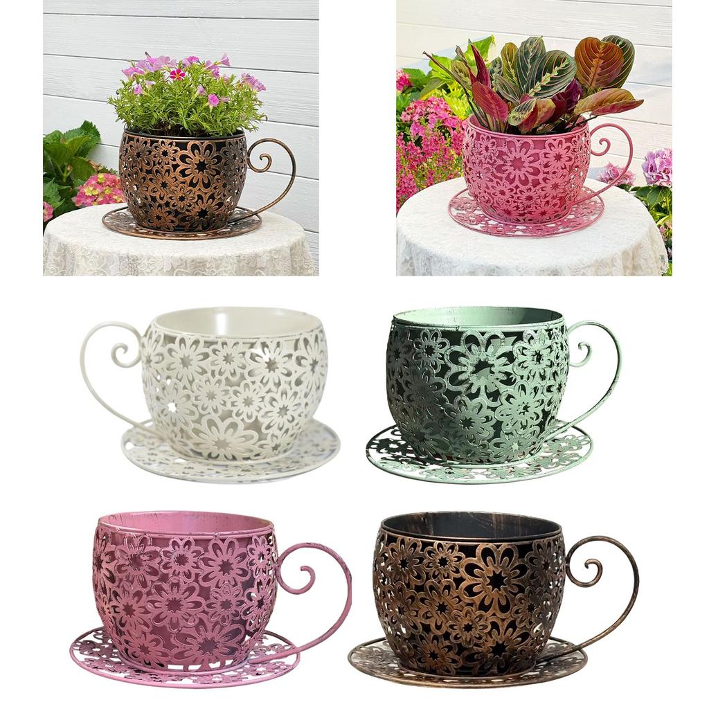 Creative Metal Coffee Cup Planter Pot Flower Vase Centerpiece for Indoor Outdoor Desk and Balcony Decor