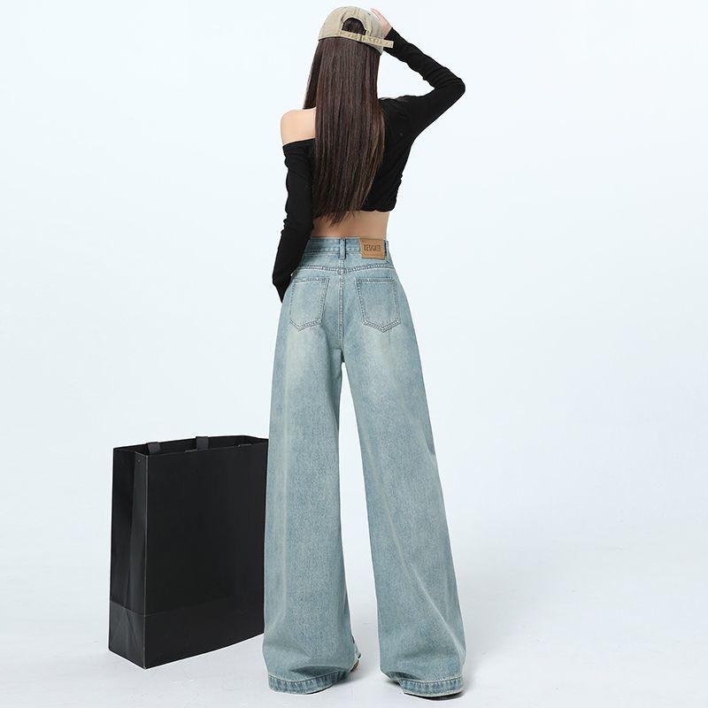 Light-colored Wide-leg Jeans for Women, Retro High-waist Spring New Style, Slim, Loose Straight-dial and Floor-slimming Pants