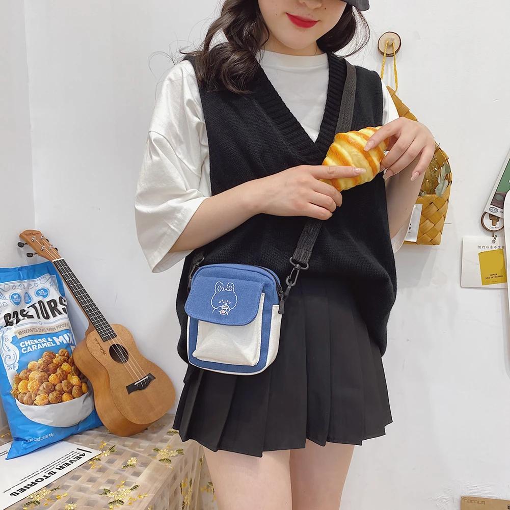 Cartoon Print Fashion Women Shoulder Bag Cute Canvas Bag Girls Phone Purse Patchwork Color Crossbody Bag Female Shopping Handbag