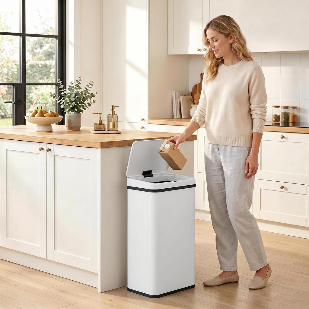 50L Sensor Bin with Soft-Close Lid, Stainless Steel Automatic Touchless Motion Sensor Kitchen Bin, White
