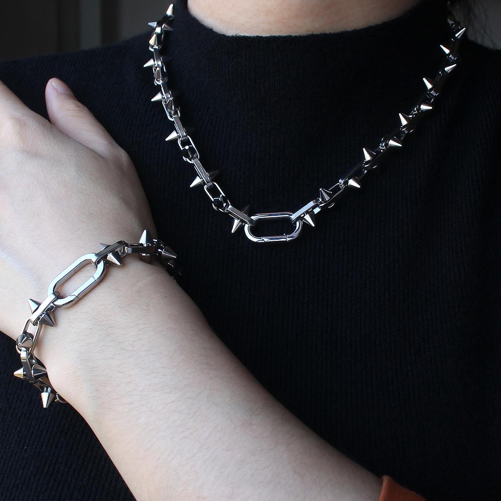 New Punk Retro Stud Rivet Chain Necklace Bracelet Set 18k Gold Plated Stainless Steel Jewelry Set for Women