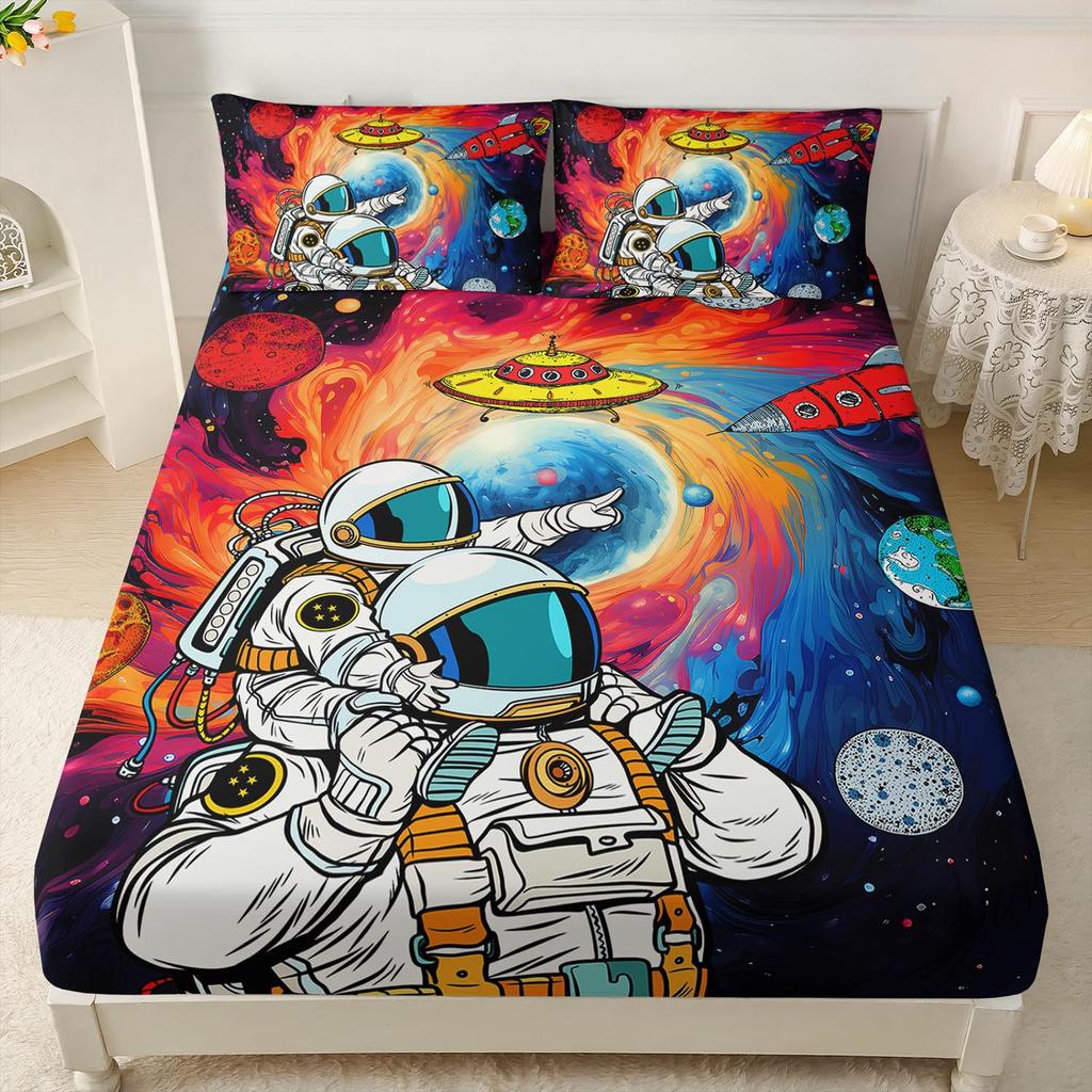 Space Astronaut Pattern Mattress Three-Piece Digital Printing Mattress Bedding Set Adult Children