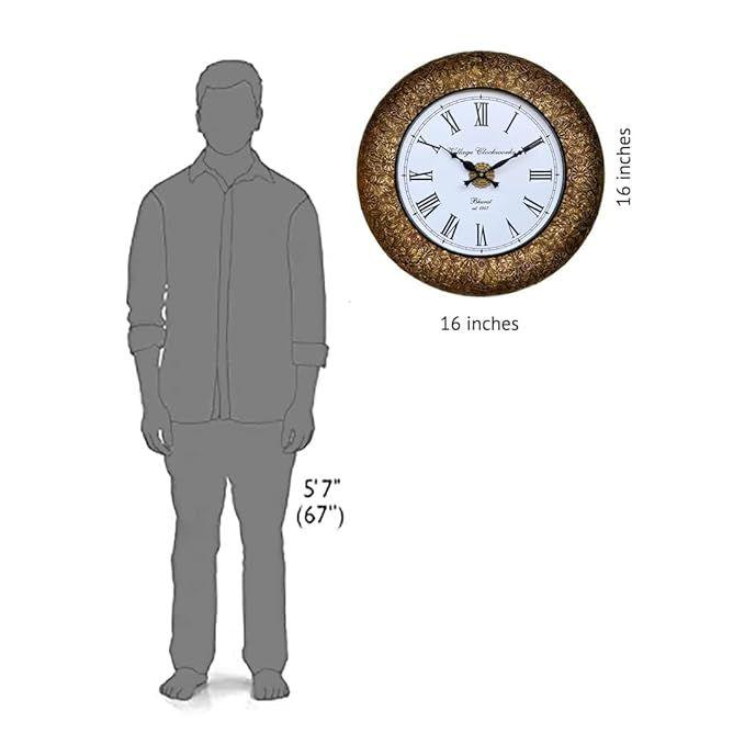 Dekoracyjny Metalowy Zegar Ścienny Analogowy do Eleganckiego Wystroju Domu, Biura, Szkoły, Siłowni, Sklepu i na Prezent || Rozmiar Zegara - 16 x 16 cali (Złoto Antyczne)
