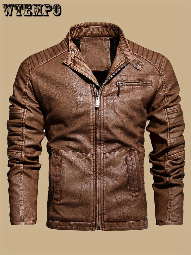 Vintage-Inspired Men's Faux Leather Jacket - Windproof, Warm Fleece Lined, Multi-Pocket Design for Motorcycle Riding & Casual Wear