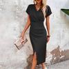 Women's Bodycon Midi Dress Short Sleeve V Neck Ruched Cocktail Party Dress Formal Slit Office Work Business Outfit