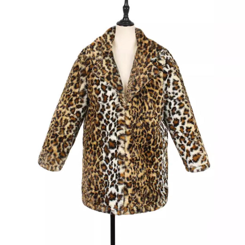Long Leopard Print Suit Collar Leopard Print Imitation Fur Jacket Women's Casual Coat Autumn and Winter