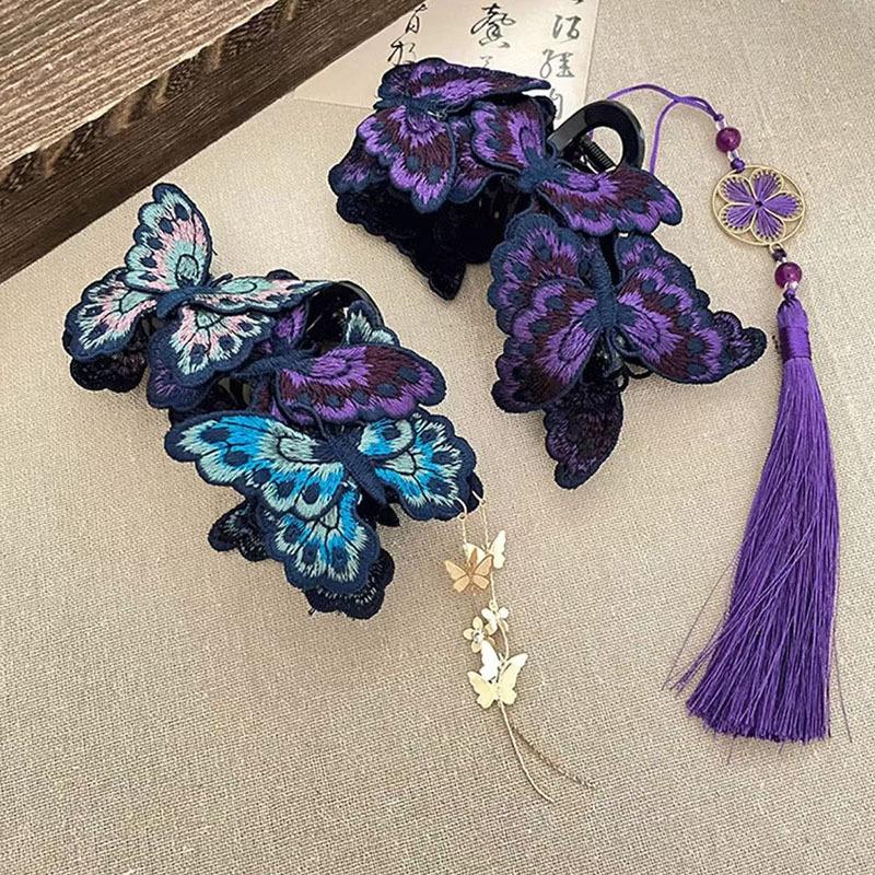 New Chinese Style Kniting Butterfly Hair Claws Women's Purple Long Flower Tassel Shark Grab Clips Vintage Hanfu Headpiece