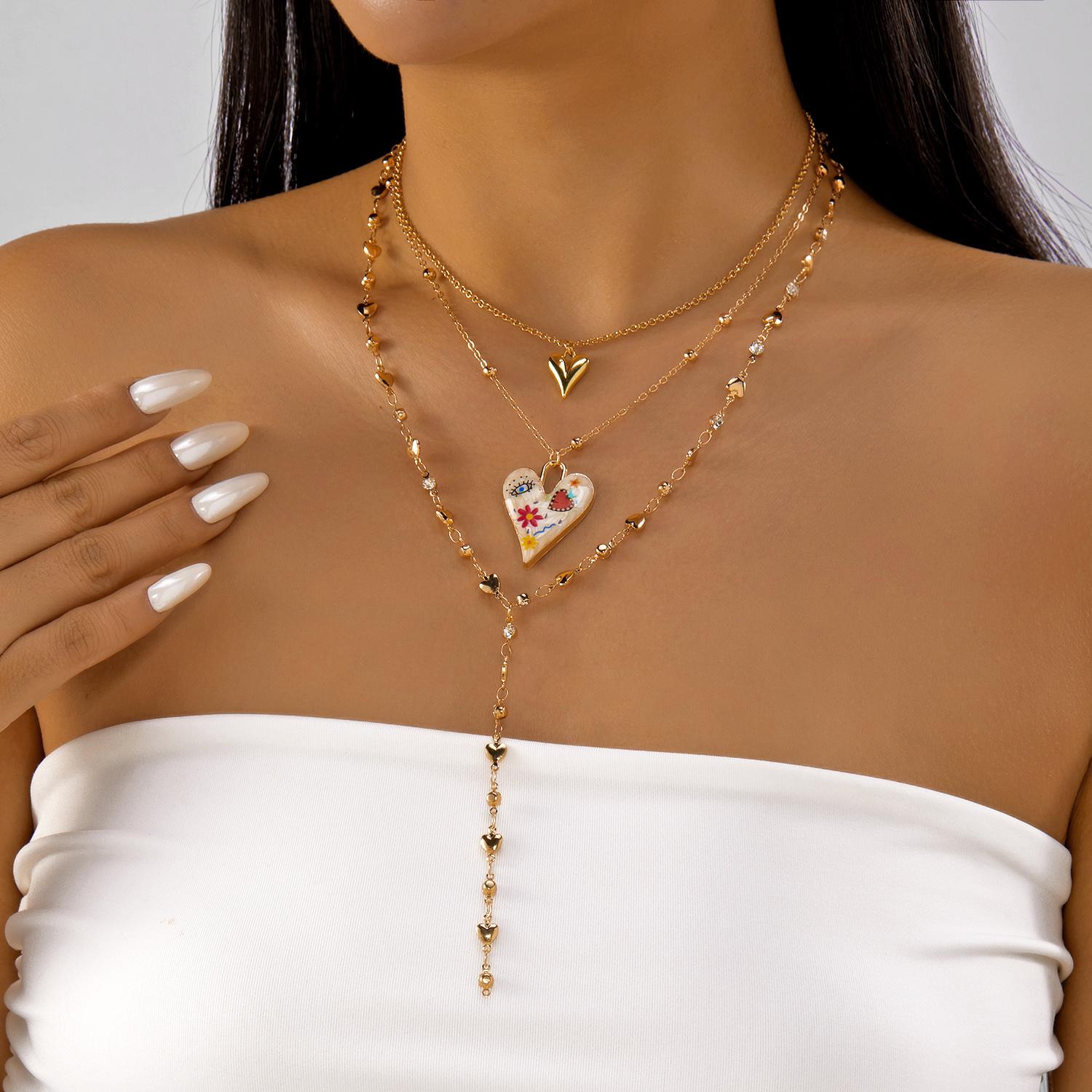 

Trendy Colorful Dripping Oil Love Heart Shape Pendant Necklace for Women Crystal Zircon Metal Beads Choker Collar Chain Jewelry