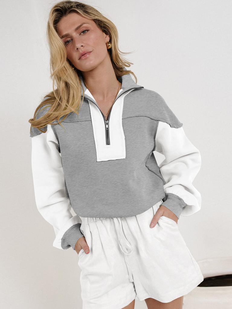 Hot-selling design style zipper contrasting colors loose decorative lines long sleeves autumn and winter trend sweater women