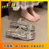 Internet celebrity high sense rhinestone cool slippers 2025 women's summer word with medium heel thick heel fashion wear not tired feet slippers