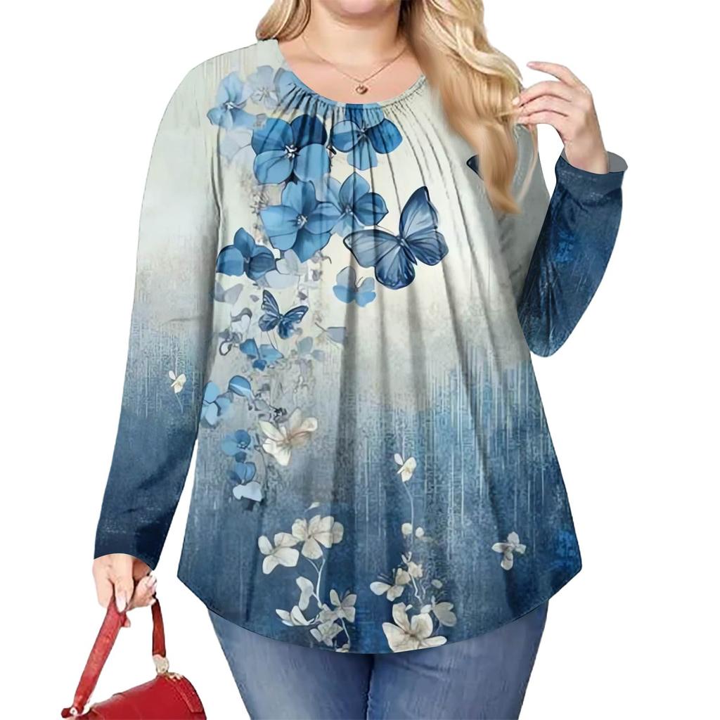 Women's Plus Size Fashion Printed Casual Pleated Round Neck Long Sleeve Top