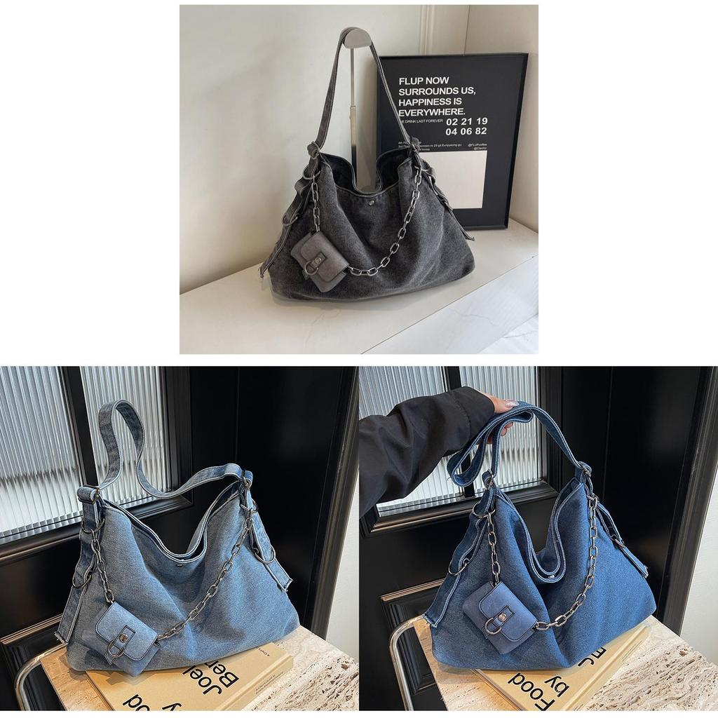 Retro Denim Casual Tote For Women With Large Capacity And Streetwear Design