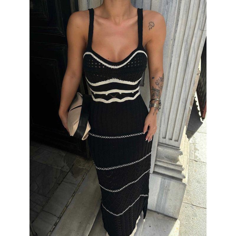 

Knitted French Dress Women s Summer Knitting Contrast Color French Bohemia Sling Dress Cut Out Black L