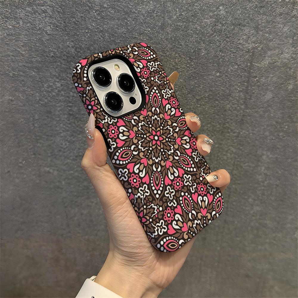 Retro totem flower mobile phone case iPhone15plus matte two-in-one film magnetic case Apple 17 anti-drop