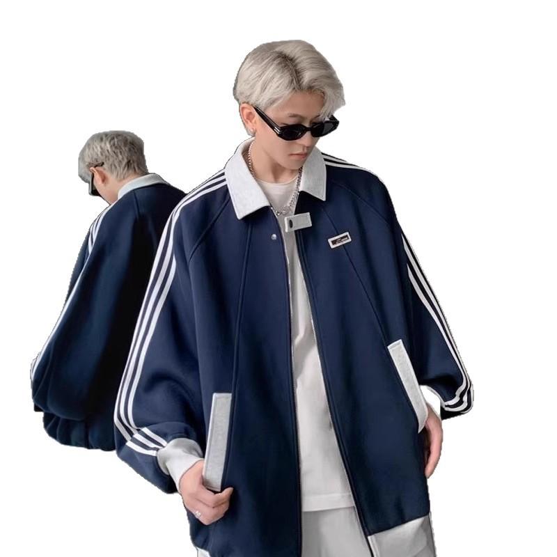 American splicing sports jacket boys spring and autumn heavy three-bar sweater trendy lapel baseball jersey