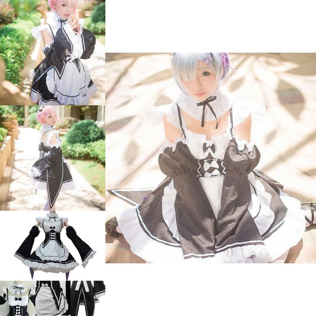 Squisito Costume Cosplay Abito da Cameriera Gemelle Ram/Rem di Rezero Kara Hajimeru Isekai Seikatsu Con Cuciture Perfette