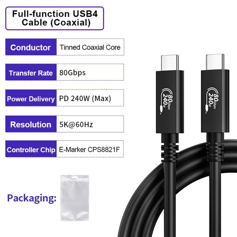 USB4 Data Cable 80Gbps USB C To USB C Cord 240W Fast Charging Cable for Notebook 5K Video Large File Transfer Use