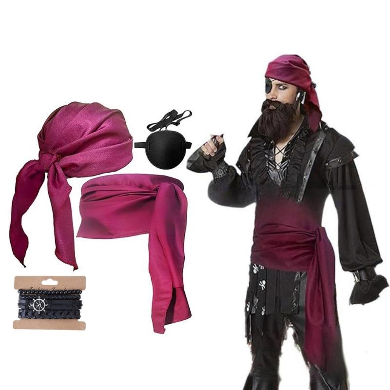 Pirate Costume Accessories Set Pirate Head Scarf,Sash Bracelet Eye Patches Halloween Medieval Renaissances Costumes