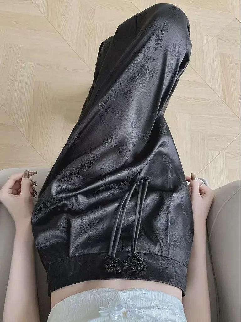 2024 Spring/Summer Women's High-Waisted Chinese Satin Jacquard Wide-Leg Pants