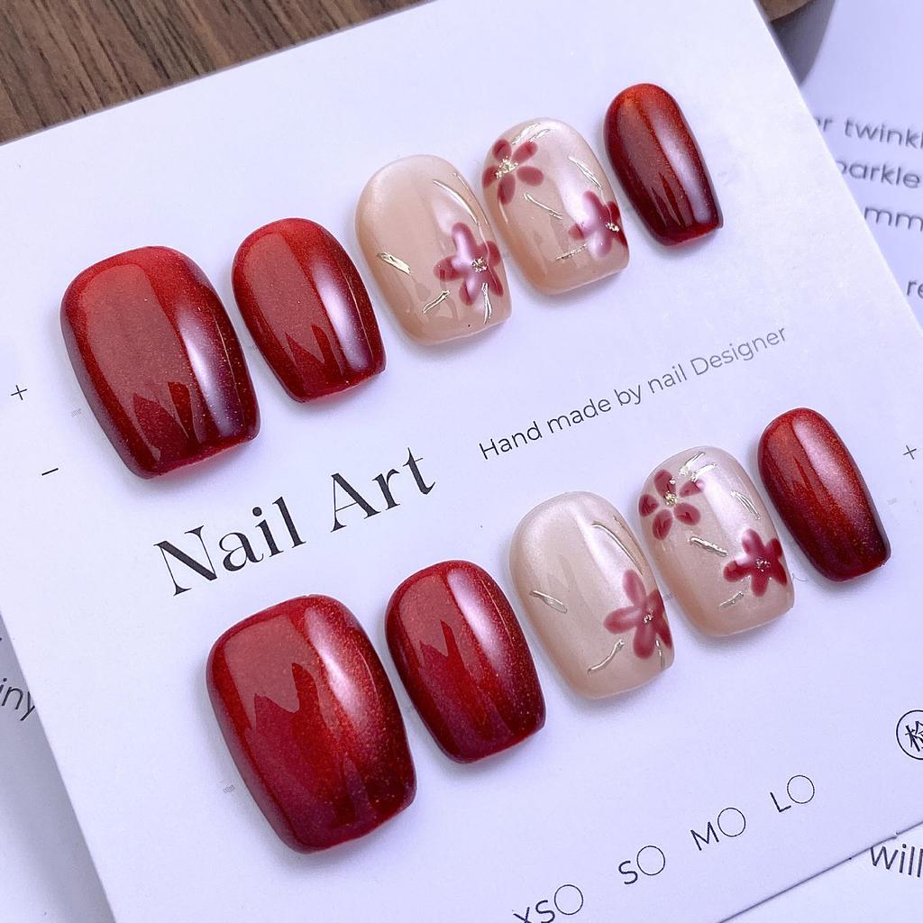 Translucent Wine Red Cat Eye Nails with Gold Foil & Magic Mirror Powder - Short, Square & Round Wearable Detachable Tips. 