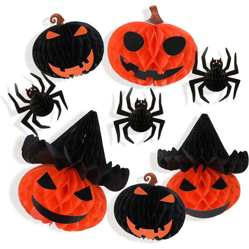 

8Pcs/set Halloween Party Decoration Honeycomb Ball Hanging 3D Spider Pumpkin Paper Lantern Crafts for Home Indoor Outdoor Decor