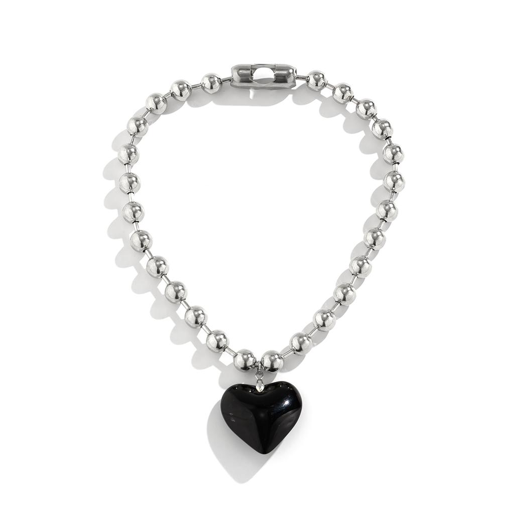 3 Colors Goth Big Love Heart Pendant Necklace for Women Trendy Punk Round Beads Chain Grunge Y2K Jewelry Accessories Steampunk