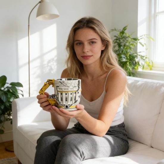 Hrnnek na kávu Demolice 3D bagr Hrnnek na kávu s rukojetí robotického ramene Artový hrnek s rozbitou texturou Jedinečný dárek pro inženýry, stavitele Skvělá dekorace na stůl