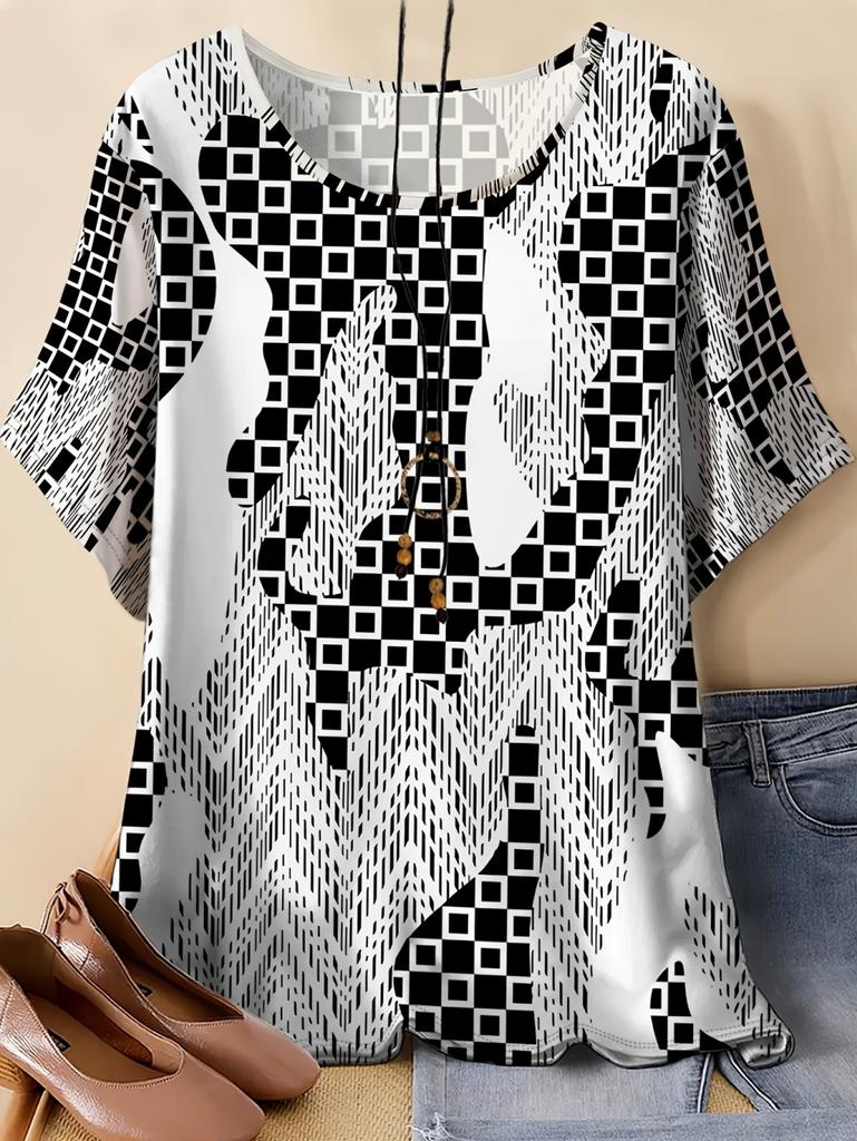 Fashion Loose T-Shirt Woman Elegant O-Neck Geometry Graphics Tee Shirt Printed Casual Woman Tops Outdoor Tshirts Summer Clothes