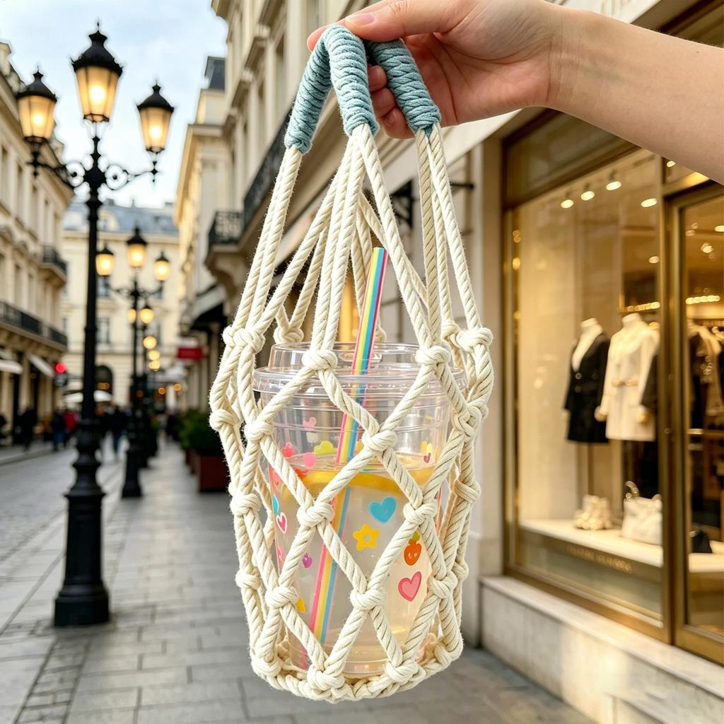Bag For Water Bottle Handwoven Mesh Portable With Handle Drink Carrier Bag For Shopping Work Travel Daily Outdoor