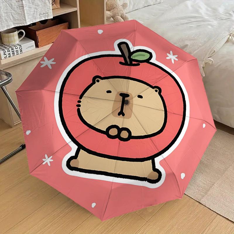 1pc Apple Cute Capybara Automatic Folding Umbrella, Portable Collapsible Design, 8-Rib Iron Frame, Outdoor Accessory yy250905099