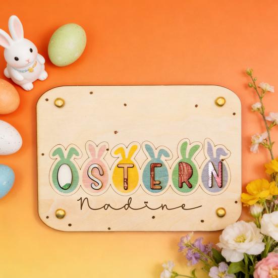 Wooden Easter Greeting Card Handmade OSTERN Rabbit Ear Colorful Egg Decoration Sign