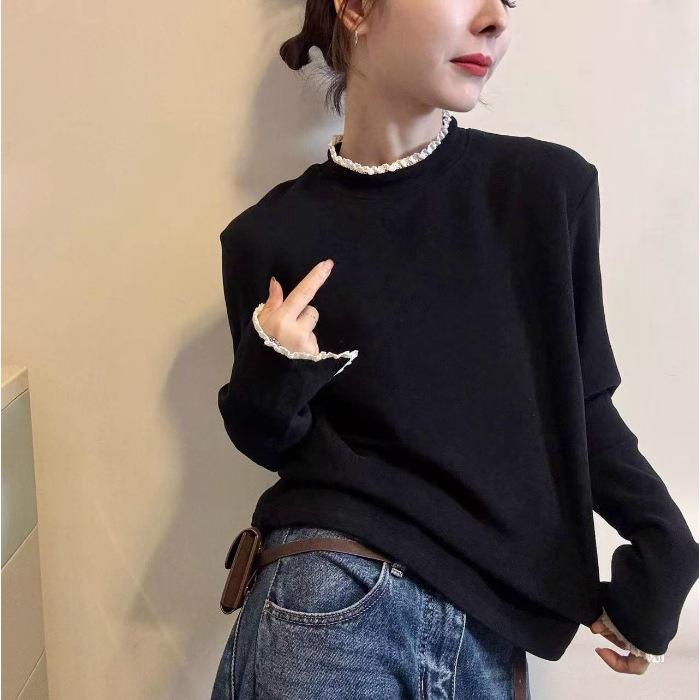 2025 Autumn/Winter Women s German Velvet Lace Collar Long Sleeve T-shirt, Casual & Versatile Base Layer. X-Large чёрный