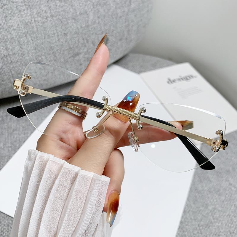 Frameless Sunglasses Gradient Color Cut Edged Sunglasses Cat Eye Fashion Sunscreen Decorative Metal Glasses 90256