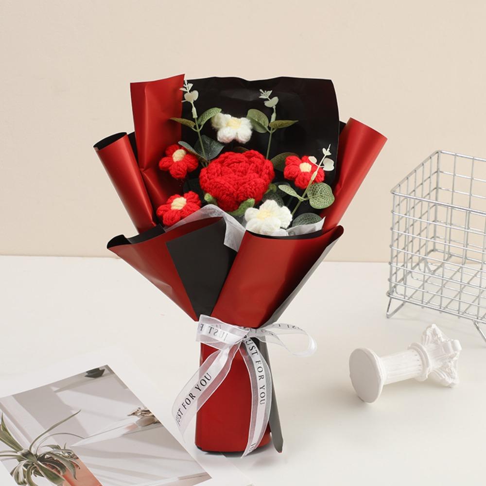 Finished Crochet Rose Flower Bouquet With artificial leaves 1 Large Flower&5 Small Flowers Knitted Flower Bouquet Gifts