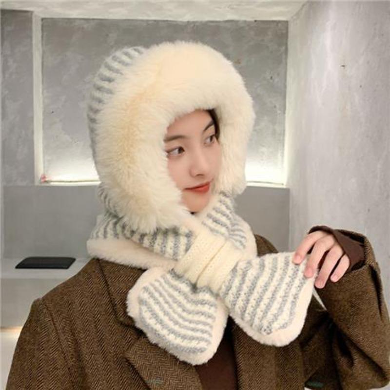 

Autumn Winter Women s Versatile Cute Northeast Plush Lei Feng Hat with Integrated Scarf Ear Protection Warm Trendy Lei Feng Cap One Size