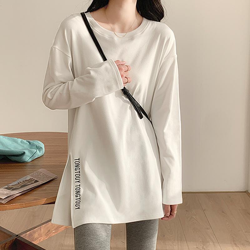 Deutsches Samt-Herbst- und Winter-Unterhemd für Damen, reine Baumwolle, mittellang, Seitenschlitz, weißes T-Shirt, langärmlig, locker, inneres Oberteil