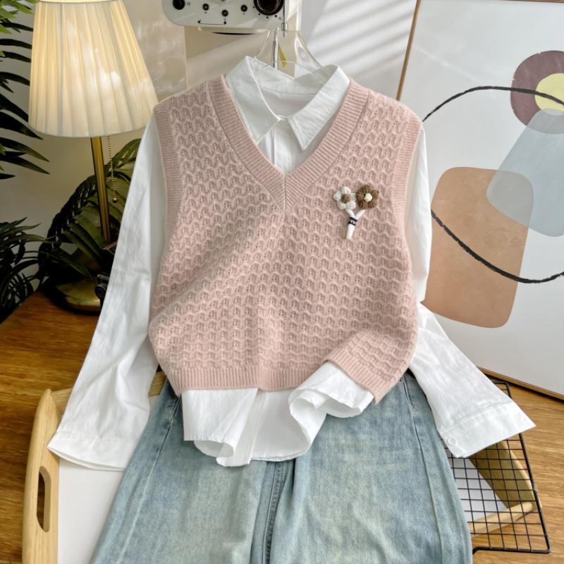 

Маленький свежий трехмерный цветочный вязаный жилет женский осенний свитер с V-образным вырезом жилет верхняя часть внешний наряд L розовый