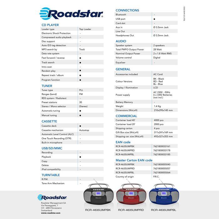 Radio CD Cassette Portable Numerique PLL FM, Lecteur CD-MP3, USB, AUX-IN Roadstar RCR-4635UMPBL Bleu 33185