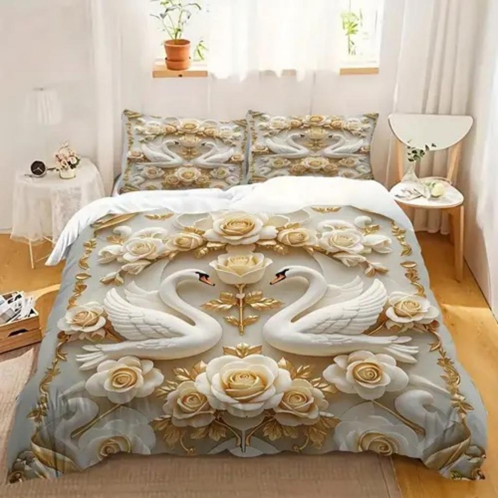 Light Color Elegant White Swan Duvet Cover Queen King Size Swan Pearl Bedding Set Four Seasons Universal Room Decoration Luxury