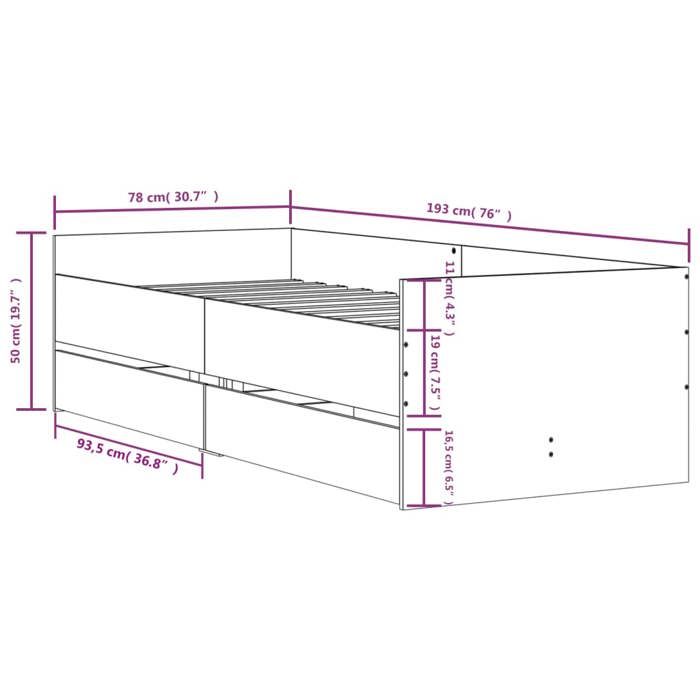 VidaXL Cadre de lit avec tiroirs chêne marron 75x190 cm 3207363