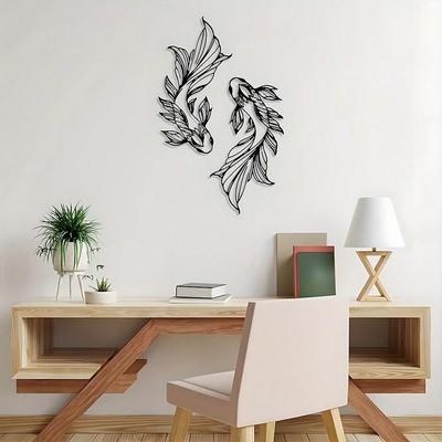 Metal Koi Fish Wall Art Set, Modern Home Decor, Minimalist Line Design, Living Room Wall Hanging, Feng Shui Inspired Rama Decoration