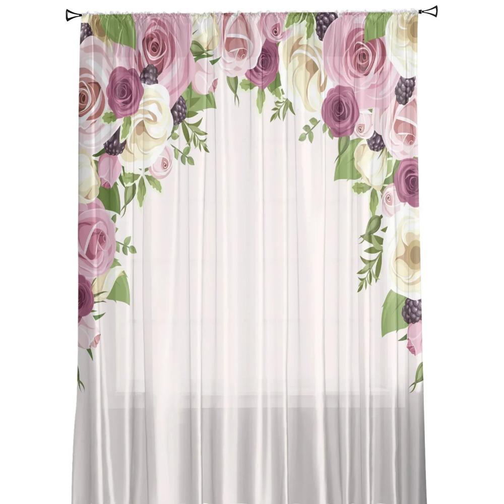 Pink Rose Flower Tulle Sheer Curtains for Living Room Decoration Window Curtain for Bedroom Kitchen Voile Organza Drapes