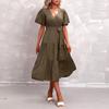 Women’s Short Sleeve V Neck Wrap Midi Dress with Adjustable Waist Tie and Flowing Skirt for Casual and Daily Wear