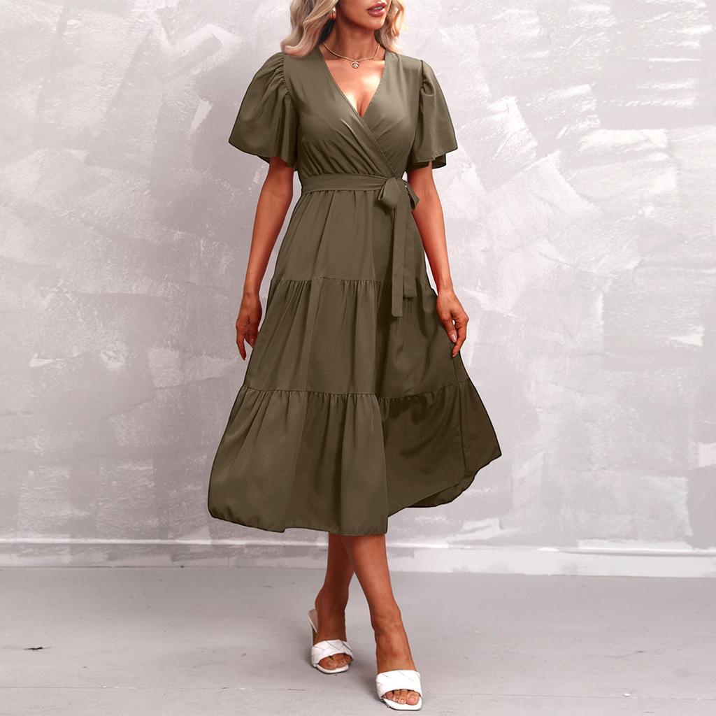 Women’s Short Sleeve V Neck Wrap Midi Dress with Adjustable Waist Tie and Flowing Skirt for Casual and Daily Wear