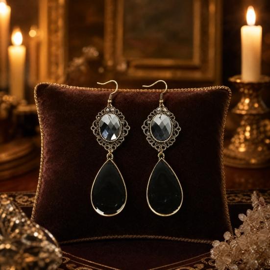 1 Pair Hook Earrings, Water Drop Imitation Gemstone Hollow Lace Metal Frame Drop Earrings, Double-Layered Pendants Earrings for Jewelry Gift