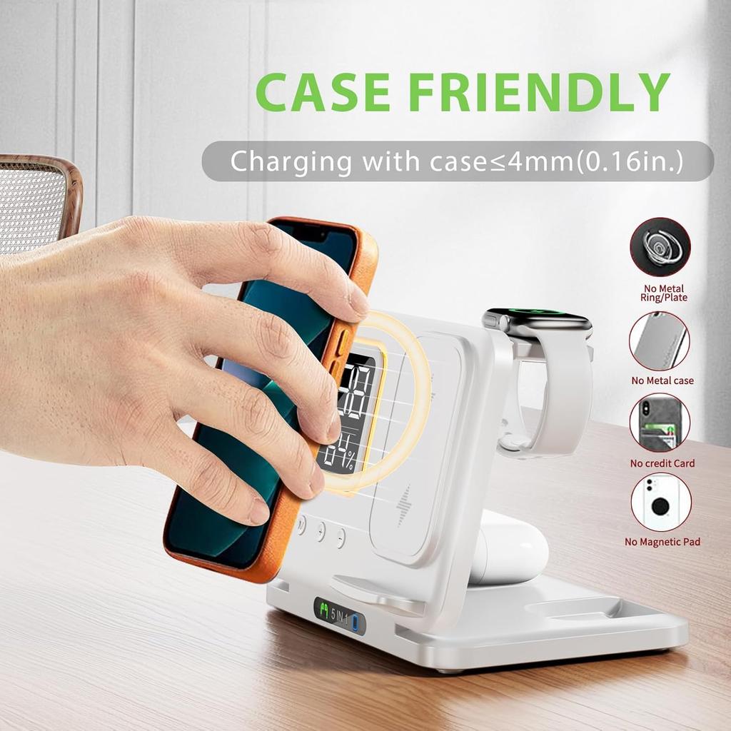 Foldable Travel 3 in 1 Wireless Charging Station for Multiple Devices Apple with Clock, Fast Wireless Charger Stand for iPhone 16 15 14 Pro Max 13