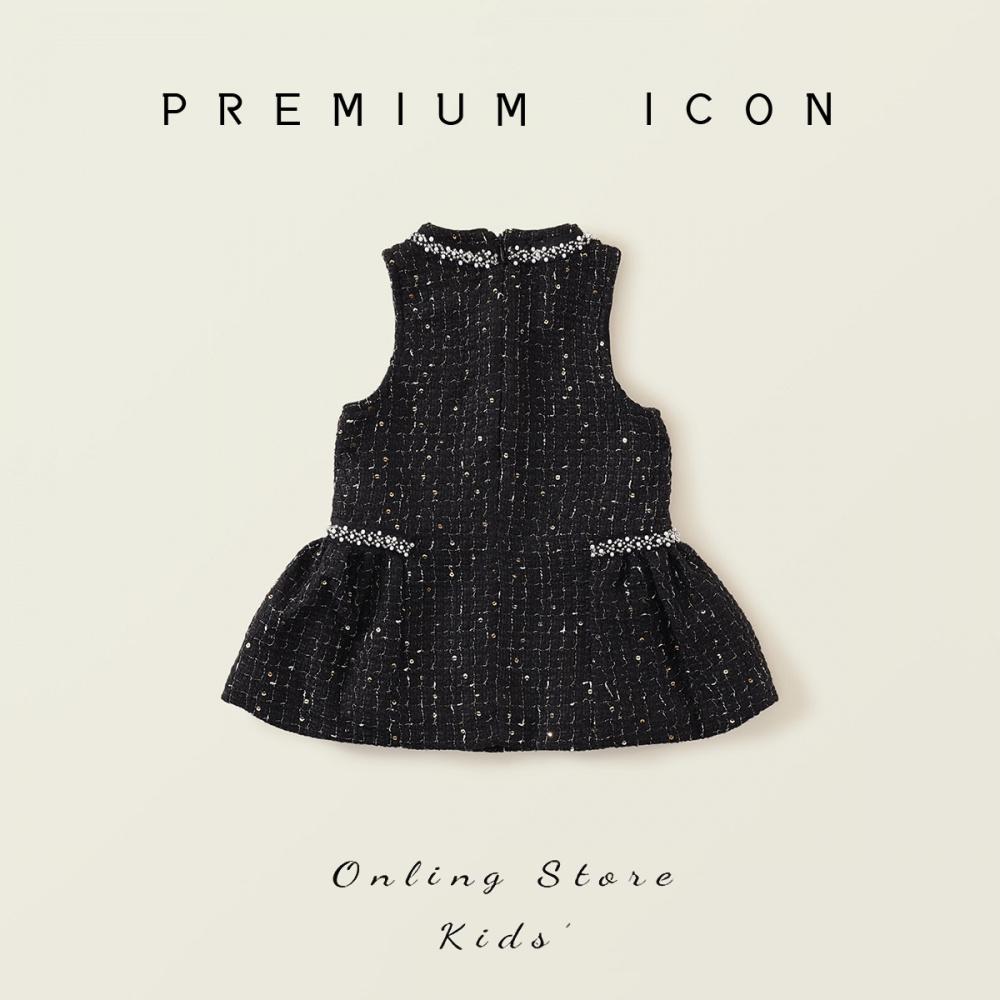 Girls' Tweed Little Sleeveless Vest Dress Autumn Winter New Baby Black Light Luxury Rhinestone Dress
