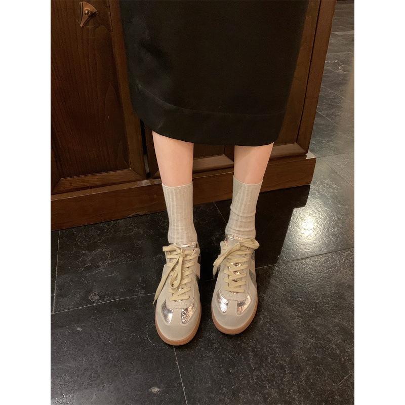 Cowhide version silver German training shoes women's Korean version leather color matching casual sports shoes versatile board shoes platform Forrest